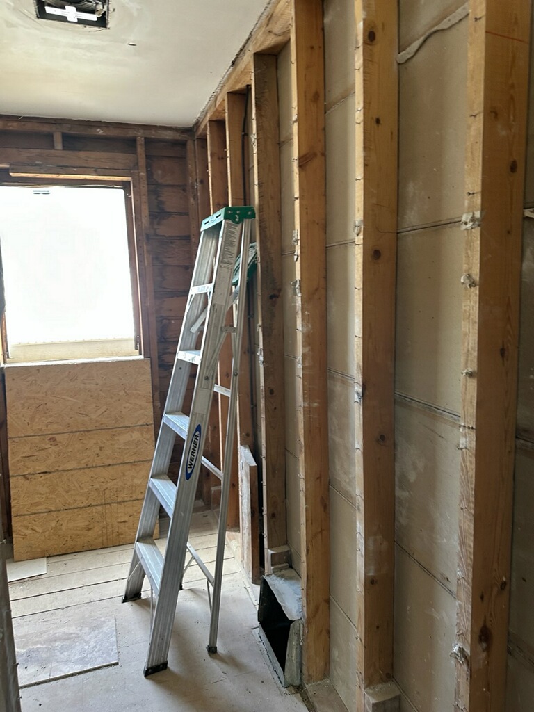 Interior room stripped to studs with subfloor exposed